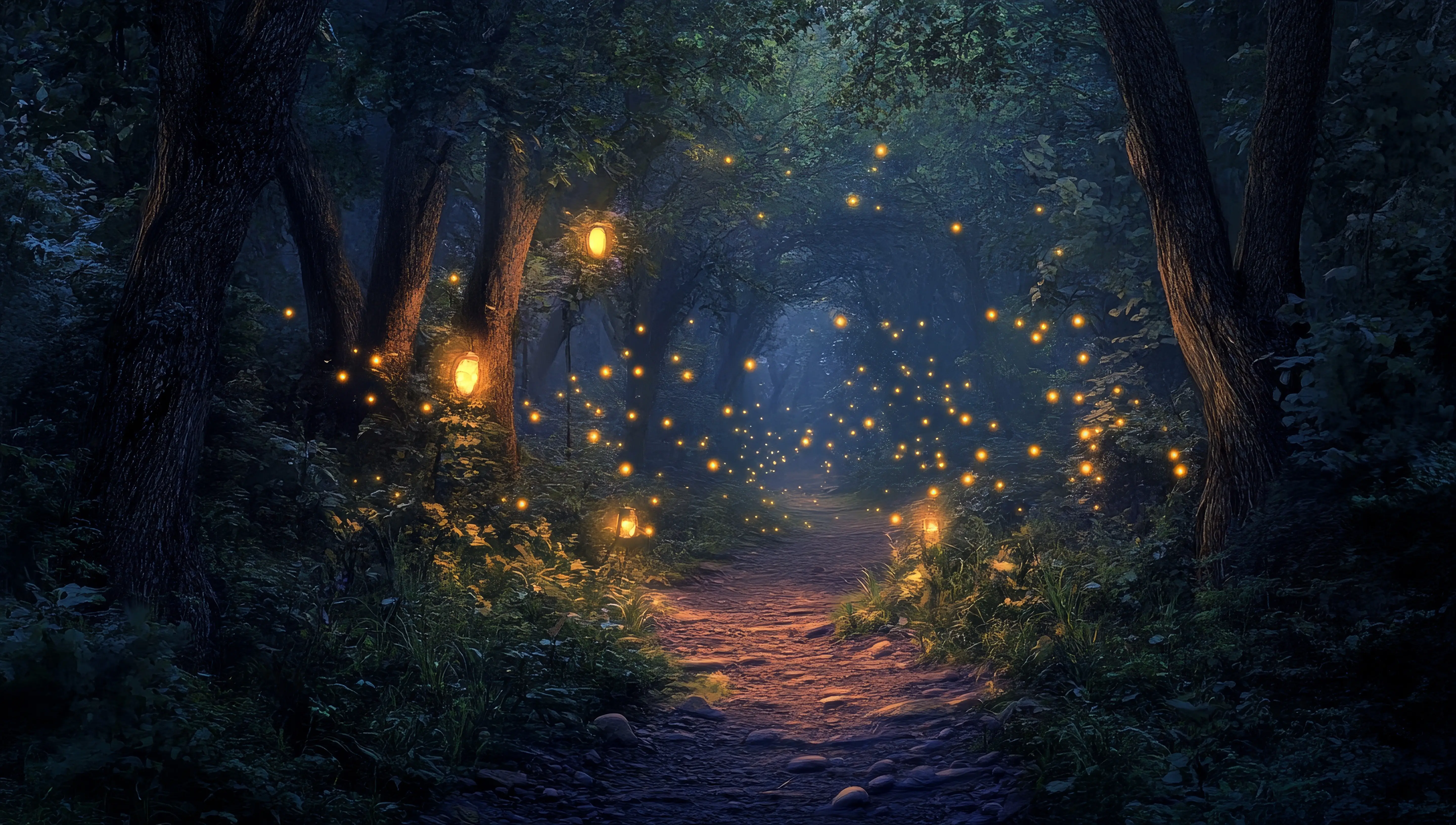 Magical forest path with fireflies